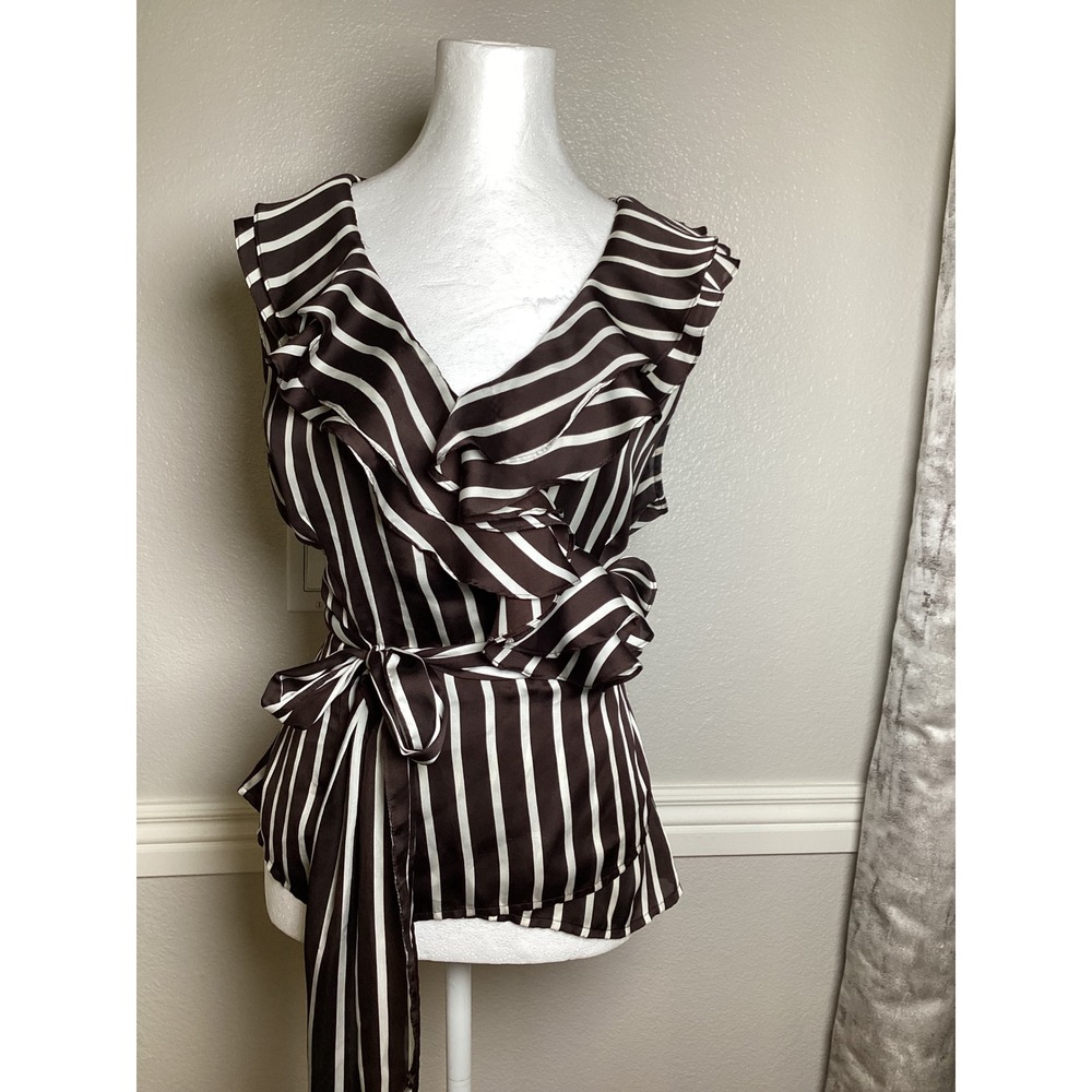 Lauren Ralph Lauren Brown White Striped Ruffle Wrap Blouse L